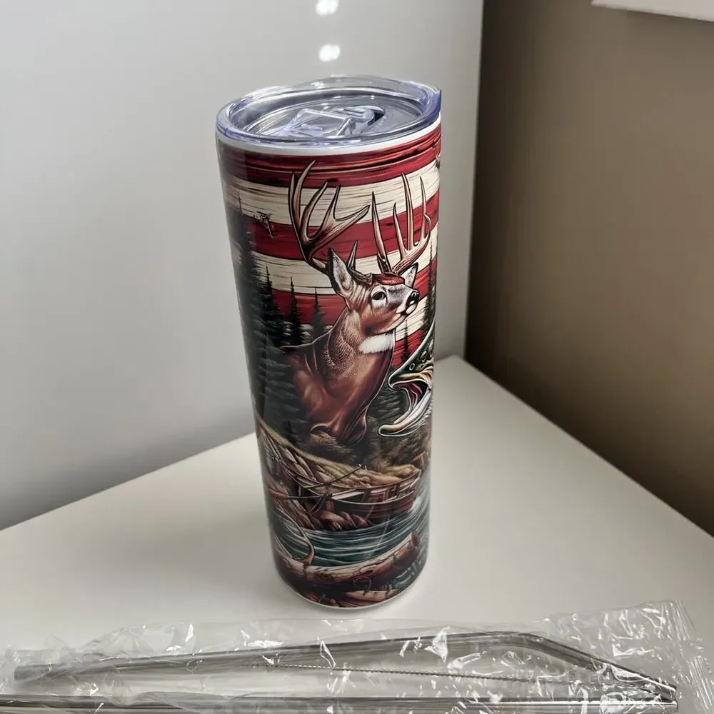 Custom Printed 20oz Tumbler Hunting Fishing Design Lid Straws And Straw Cleaner